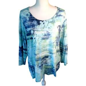 Weekends By Chico's Women's Blue Long Sleeve Scoop Neck Stretch Tee Shirt NWT XL